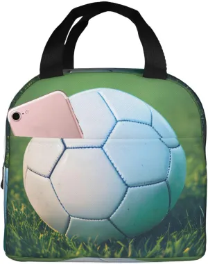 Green Soccer Ball On Grassy Stylish Lunch Bag â€“ Meal Holder With Full-Print Design Suitable For Everyone To Use