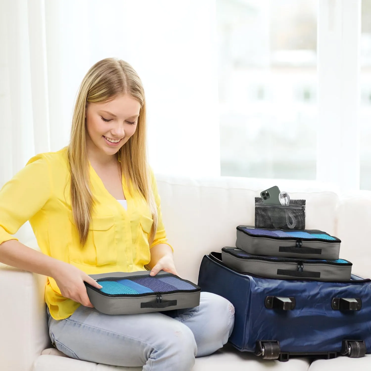 Grey packing cubes for suitcases. Travel storage organiser bags 5 pcs