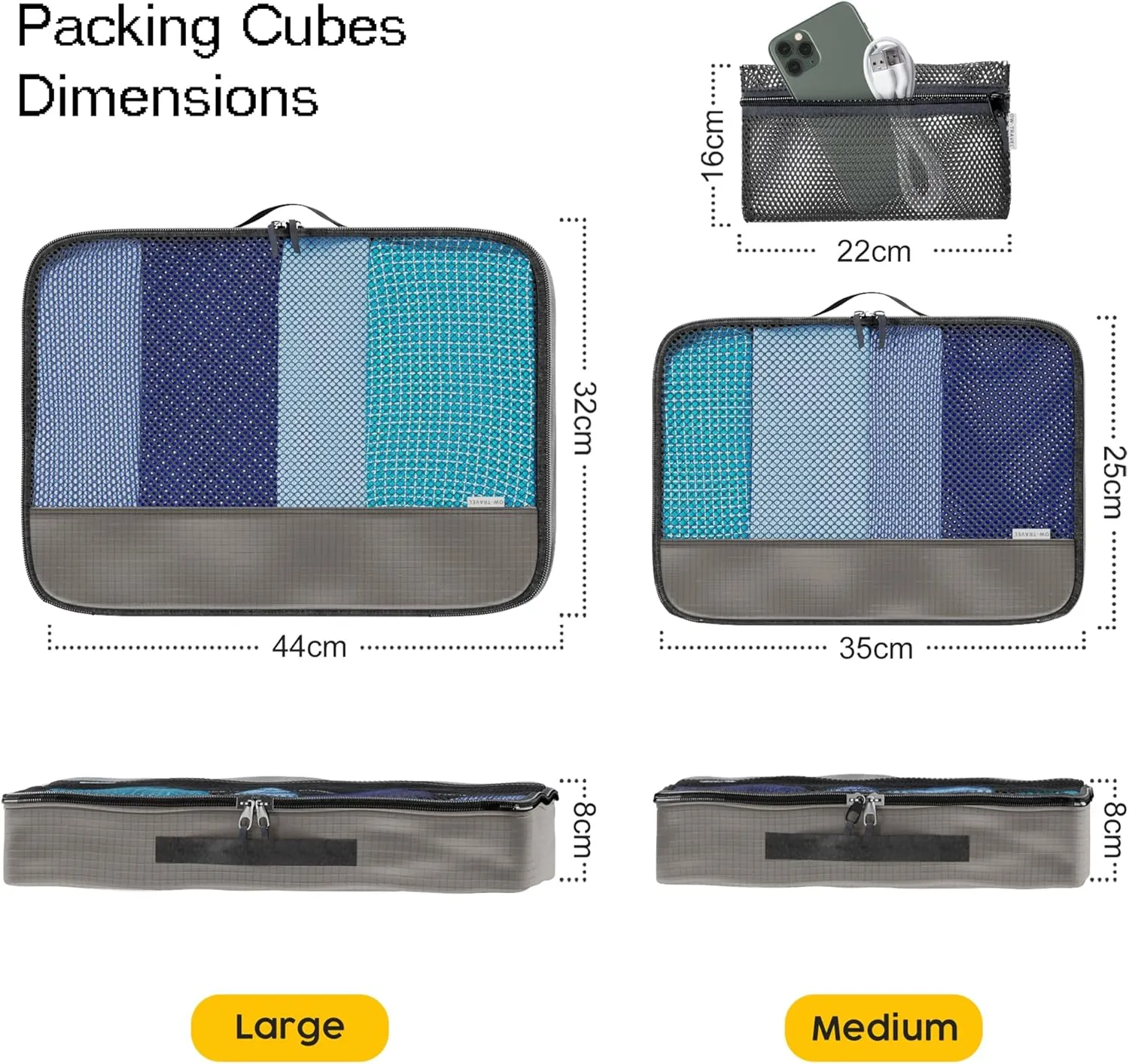 Grey packing cubes for suitcases. Travel storage organiser bags 5 pcs