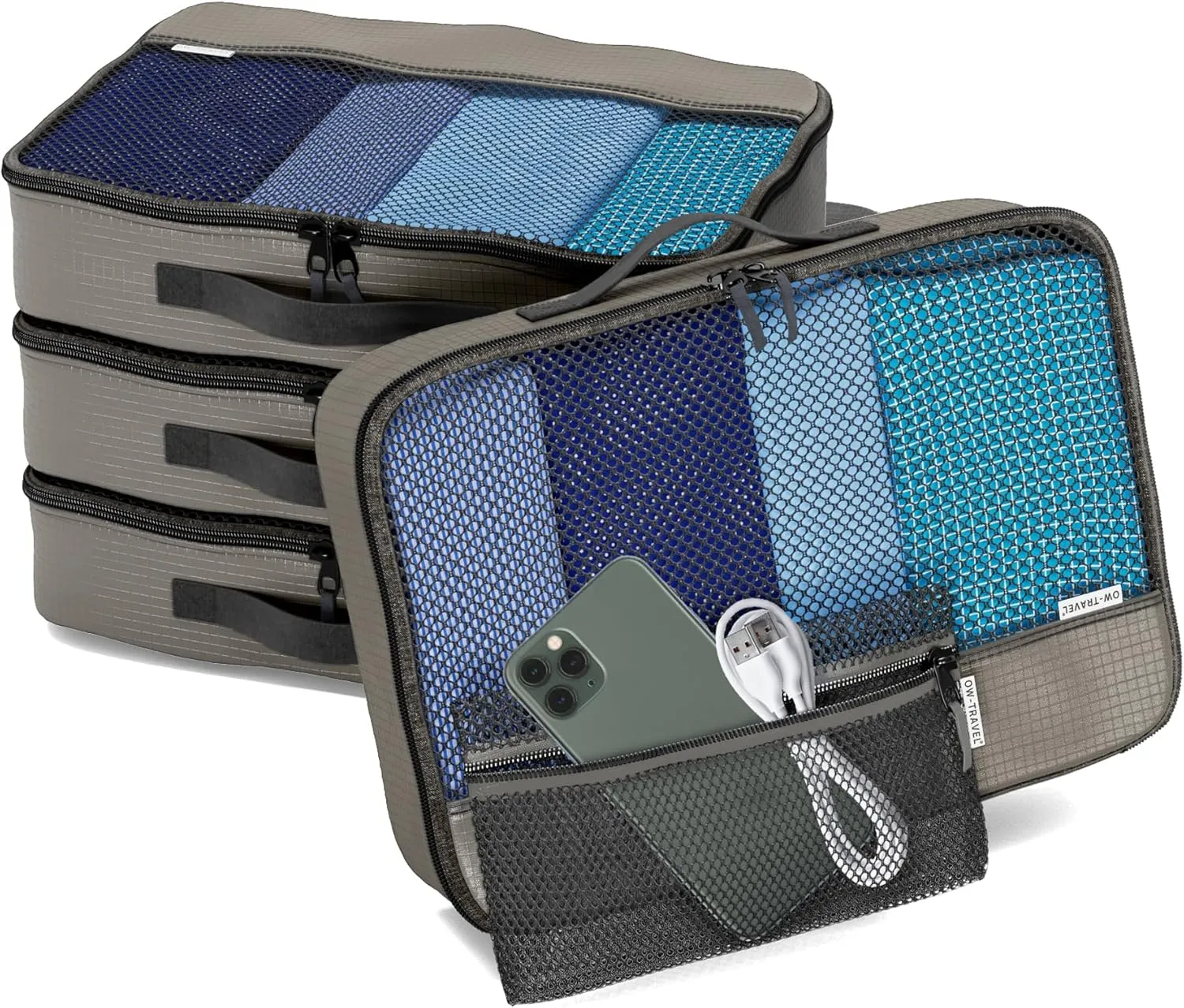 Grey packing cubes for suitcases. Travel storage organiser bags 5 pcs