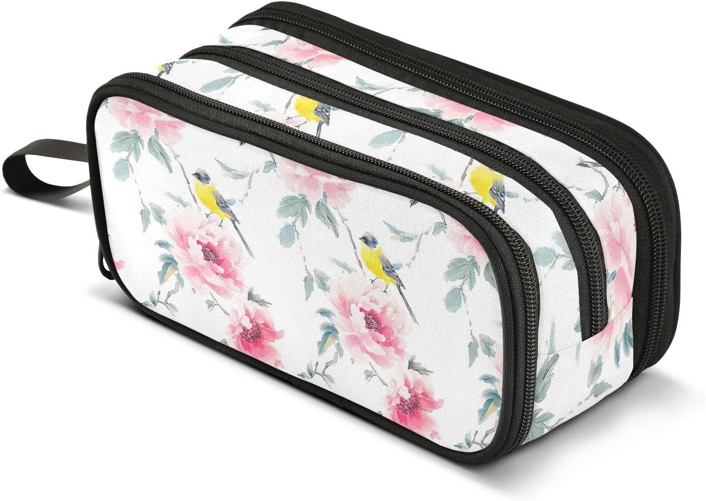 GuoChe Flowers Birds Nylon Zippered Pencil Bag Big Capacity Pencil Case School Stationery for College Man