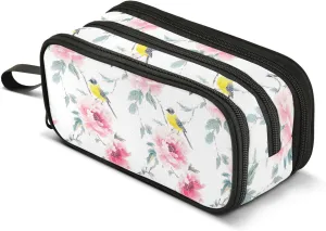 GuoChe Flowers Birds Nylon Zippered Pencil Bag Big Capacity Pencil Case School Stationery for College Man