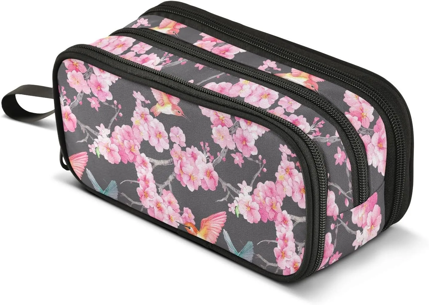 GuoChe Flowers Hummingbirds Nylon Large Zipper Pencil Bag Large Capacity Slot Pencil Case Stationery Bag for High School Woman