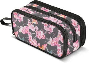 GuoChe Flowers Hummingbirds Nylon Large Zipper Pencil Bag Large Capacity Slot Pencil Case Stationery Bag for High School Woman
