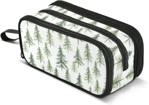 GuoChe Green Christmas Trees Nylon Pen Pencil Bag High Capacity Zip Pencil Case School Stationery for Elementary Kids