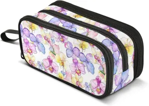 GuoChe Wildflower Orchid Flower Nylon Storage Pen Case Pencil Bag Large Capacity Zip Pencil Case Stationery for School Boys