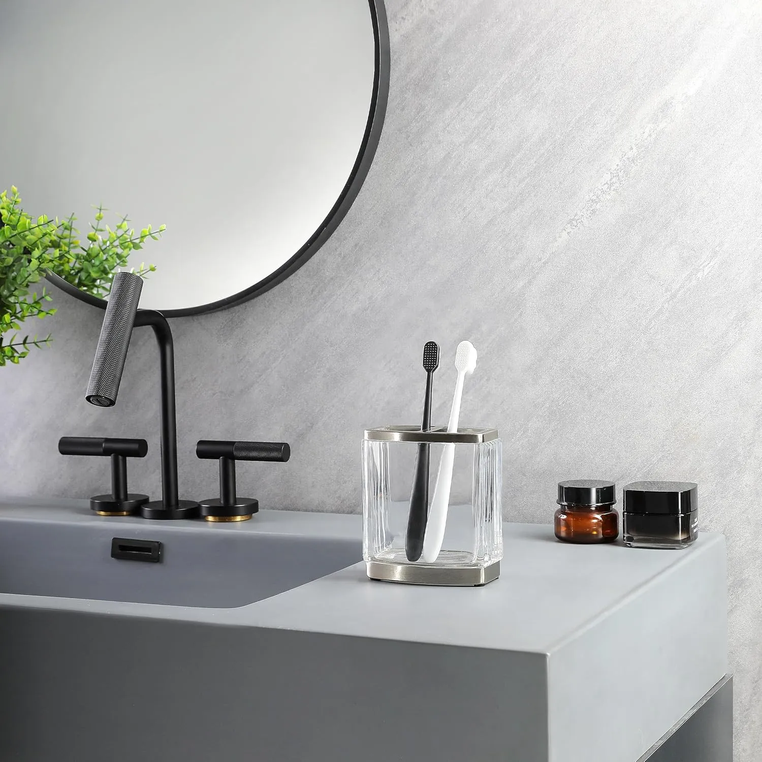 H Halston Heavy Weight Glass Toothbrush Holder, Organizer for Bathroom, Kitchen, Office, Home Storage