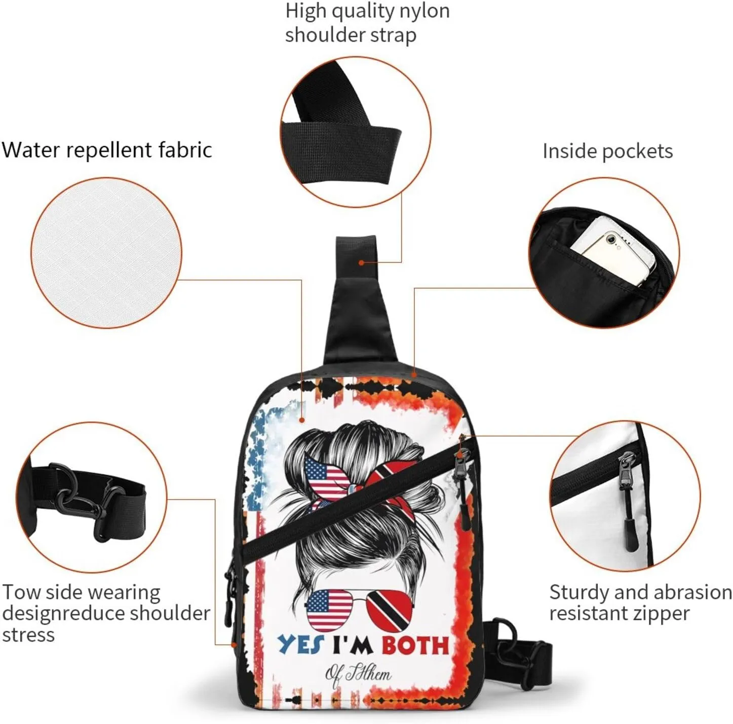 Half Trinidadian American Flag Trinidad Messy Hair Sunglasses Crossbody Bag Portable Sling Bags Foldable Chest Daypack Reusable Sports Shoulder Backpack Diagonally Casual Rucksack Travel Bag