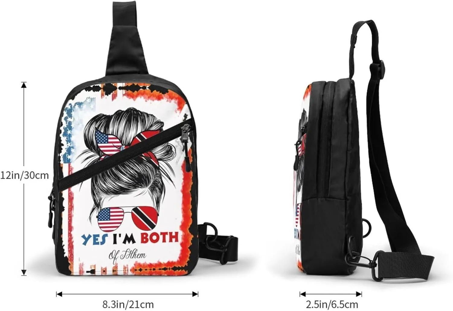 Half Trinidadian American Flag Trinidad Messy Hair Sunglasses Crossbody Bag Portable Sling Bags Foldable Chest Daypack Reusable Sports Shoulder Backpack Diagonally Casual Rucksack Travel Bag