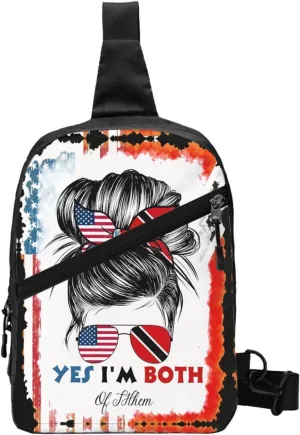 Half Trinidadian American Flag Trinidad Messy Hair Sunglasses Crossbody Bag Portable Sling Bags Foldable Chest Daypack Reusable Sports Shoulder Backpack Diagonally Casual Rucksack Travel Bag