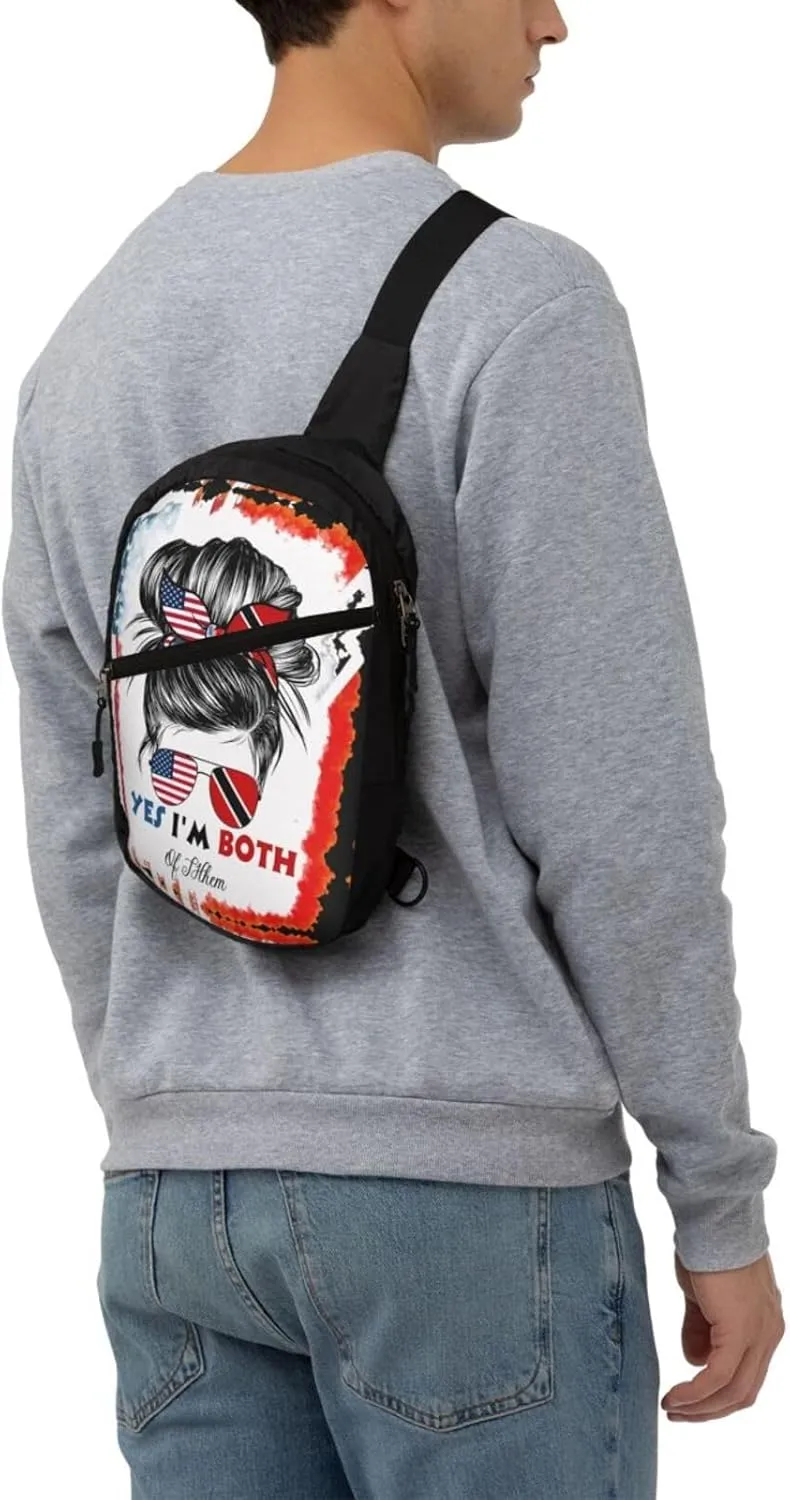 Half Trinidadian American Flag Trinidad Messy Hair Sunglasses Crossbody Bag Portable Sling Bags Foldable Chest Daypack Reusable Sports Shoulder Backpack Diagonally Casual Rucksack Travel Bag