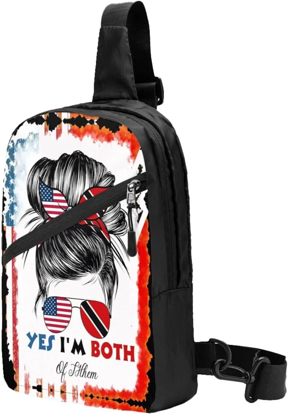 Half Trinidadian American Flag Trinidad Messy Hair Sunglasses Crossbody Bag Portable Sling Bags Foldable Chest Daypack Reusable Sports Shoulder Backpack Diagonally Casual Rucksack Travel Bag