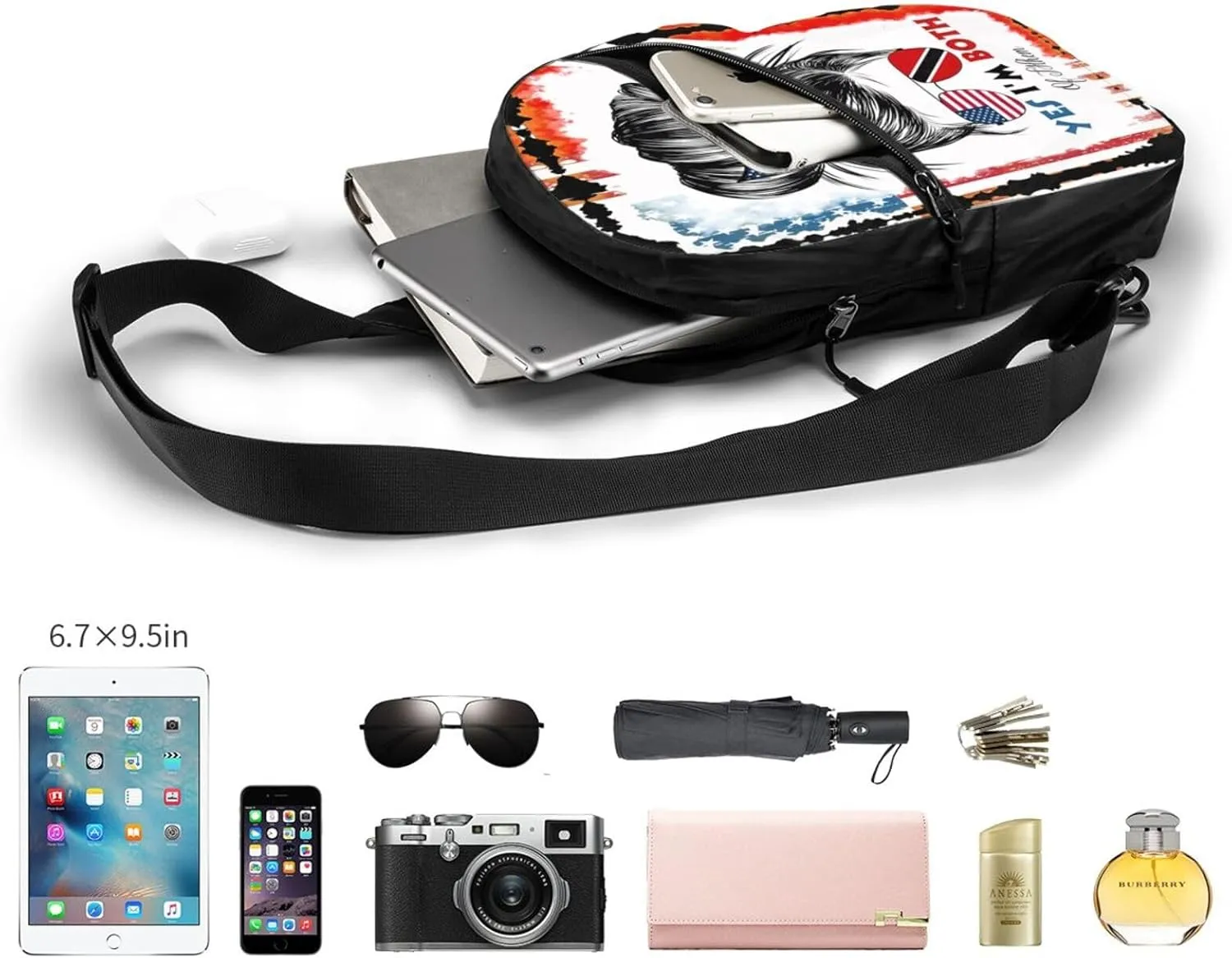Half Trinidadian American Flag Trinidad Messy Hair Sunglasses Crossbody Bag Portable Sling Bags Foldable Chest Daypack Reusable Sports Shoulder Backpack Diagonally Casual Rucksack Travel Bag