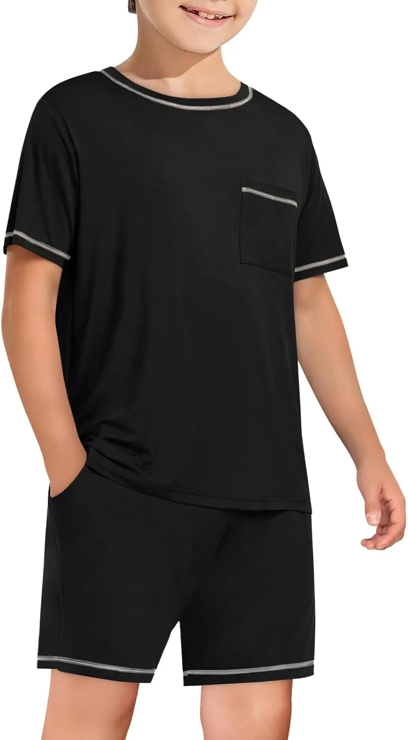 Haloumoning Boys Summer 2 Piece Outfits Kids Short Sleeve T-Shirt and Shorts Clothing Sets 5-14 Years