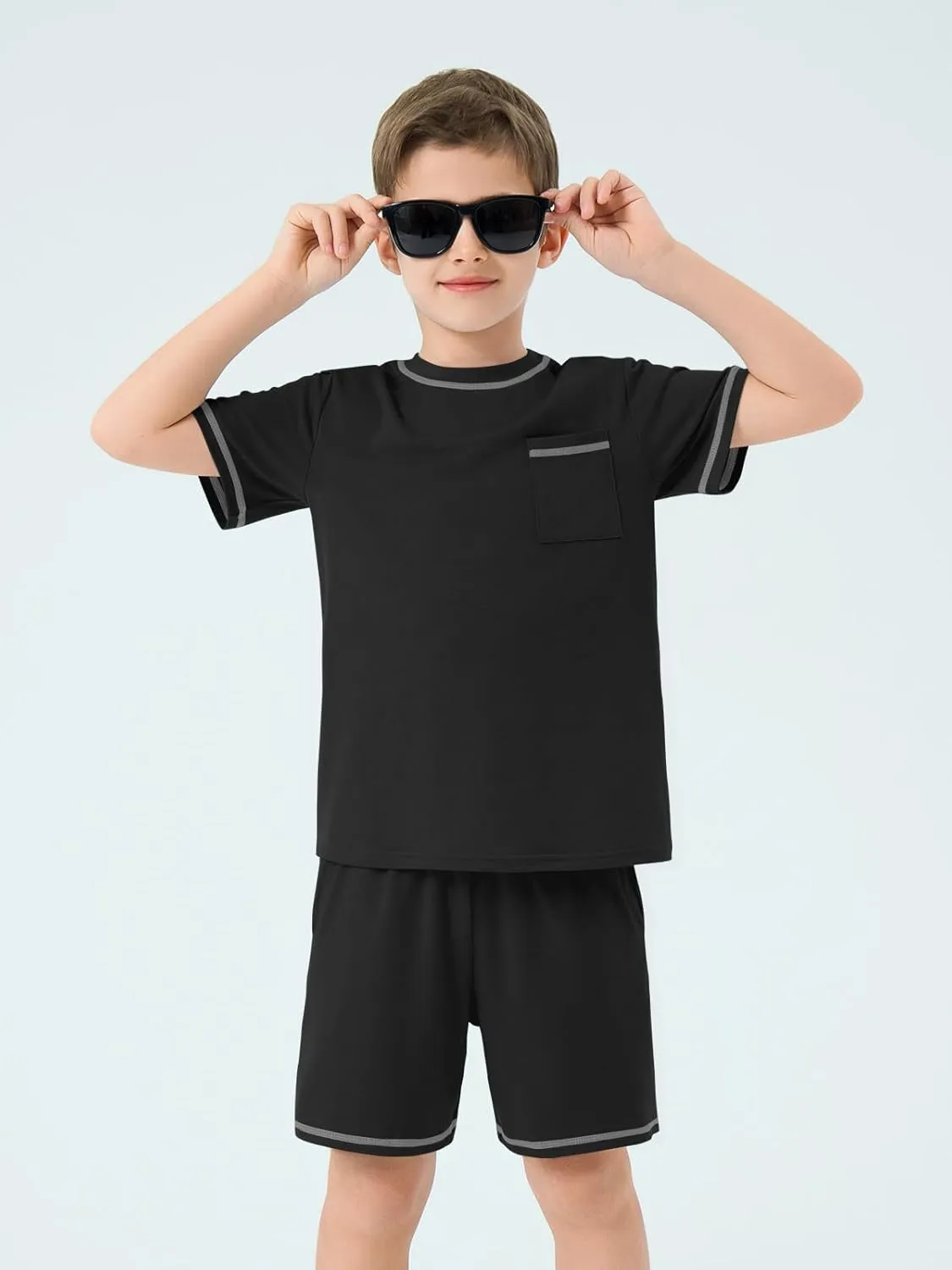 Haloumoning Boys Summer 2 Piece Outfits Kids Short Sleeve T-Shirt and Shorts Clothing Sets 5-14 Years