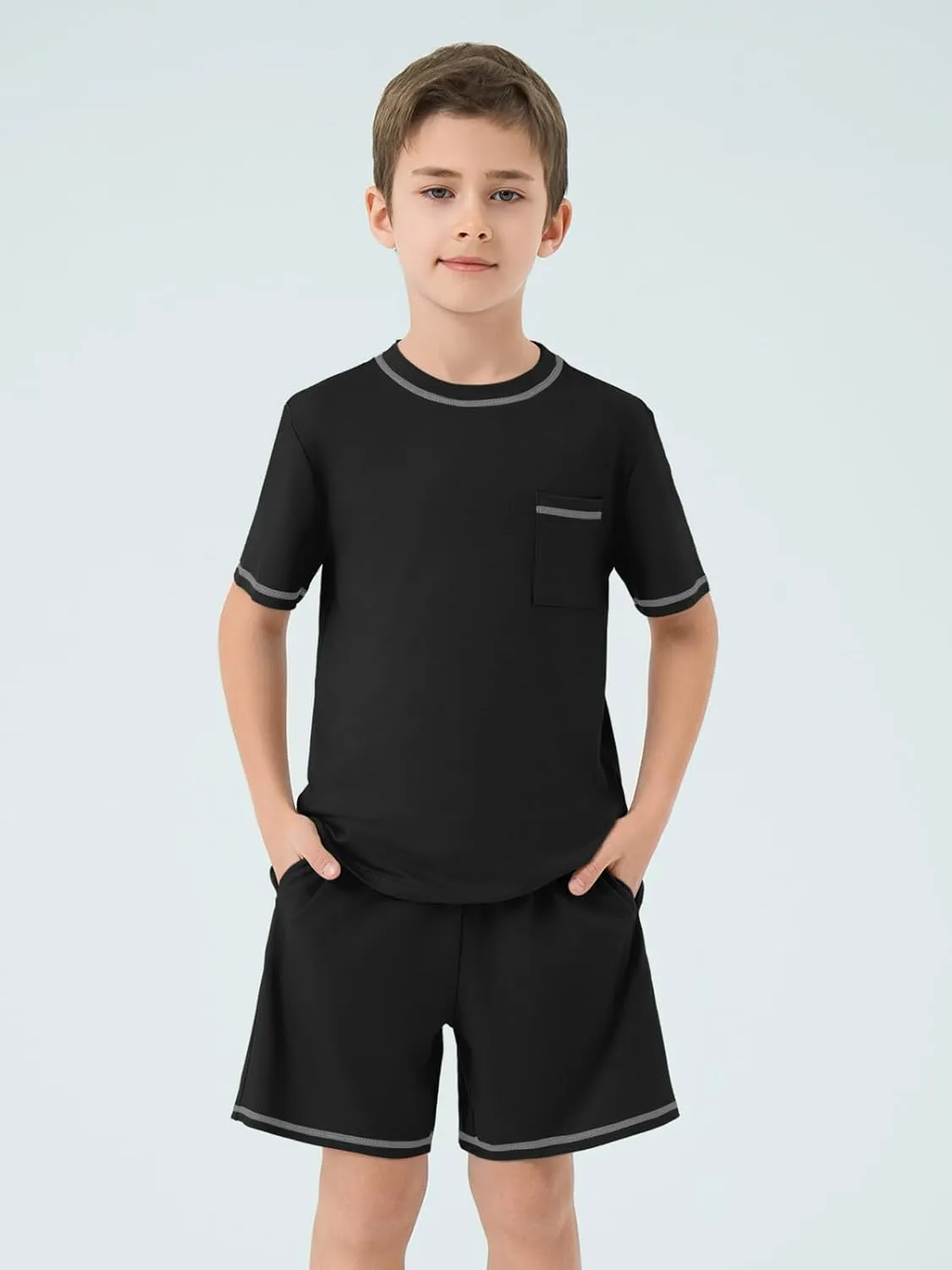 Haloumoning Boys Summer 2 Piece Outfits Kids Short Sleeve T-Shirt and Shorts Clothing Sets 5-14 Years