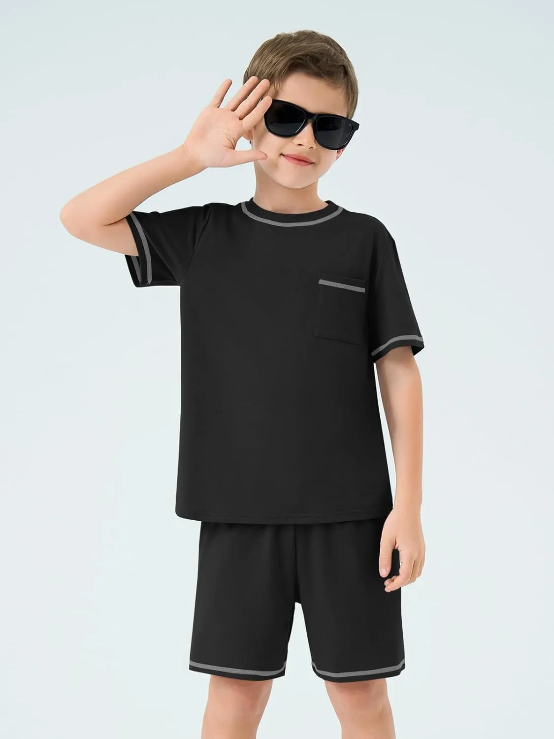 Haloumoning Boys Summer 2 Piece Outfits Kids Short Sleeve T-Shirt and Shorts Clothing Sets 5-14 Years