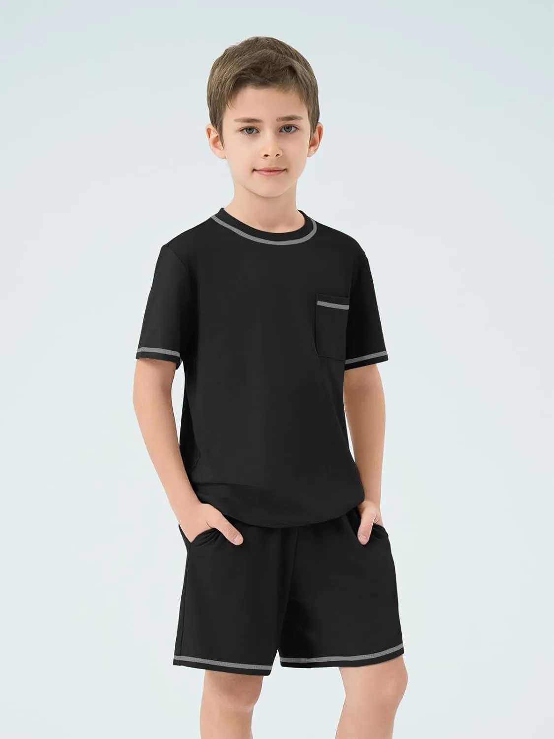 Haloumoning Boys Summer 2 Piece Outfits Kids Short Sleeve T-Shirt and Shorts Clothing Sets 5-14 Years