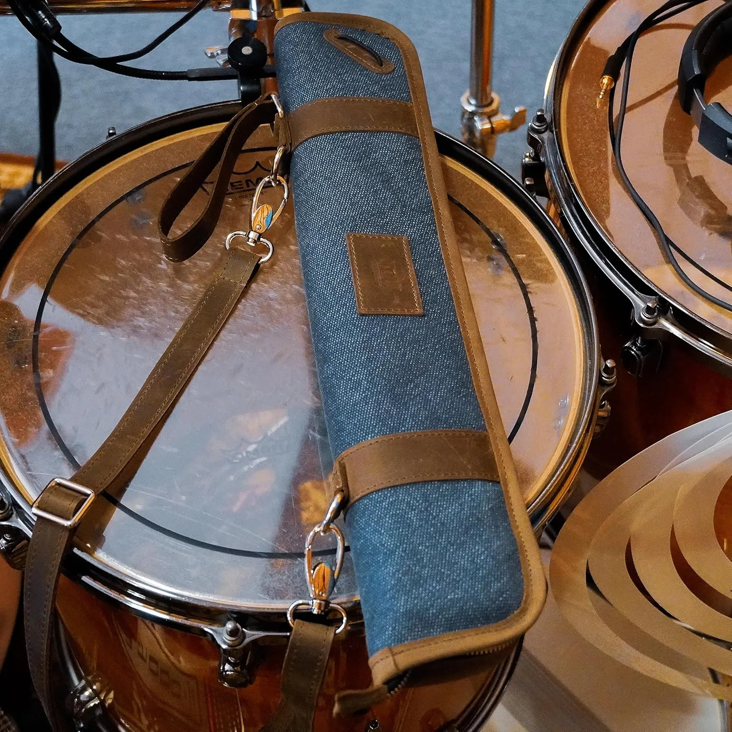 Handmade drumstick Bag, Leather Bag with Shoulder Strap, Built-in Rubber Loops, Canvas Bag for Marching Band Drumsticks, Gift for Drummer