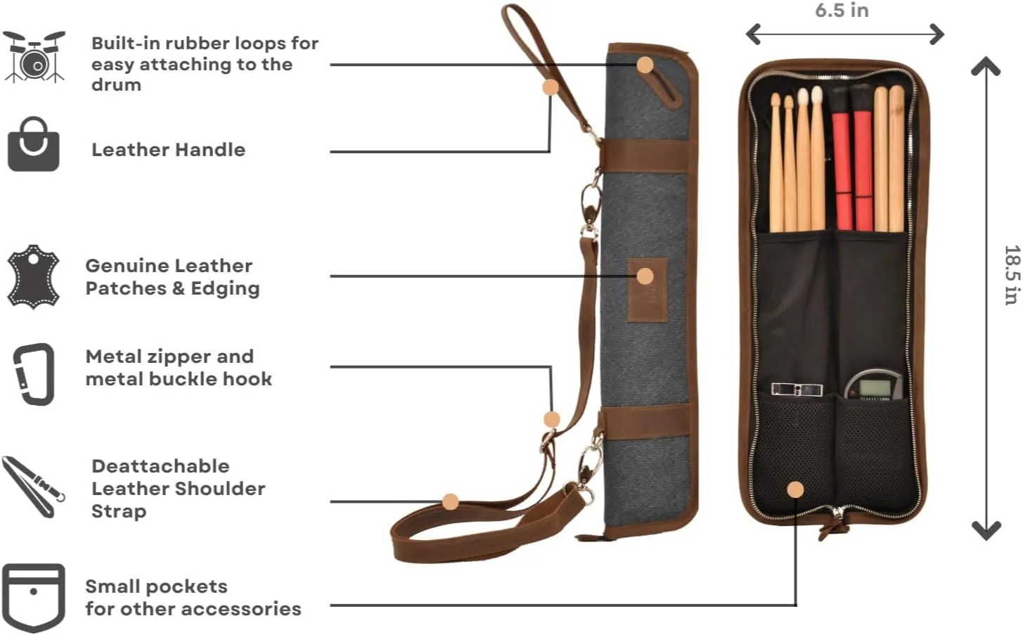 Handmade drumstick Bag, Leather Bag with Shoulder Strap, Built-in Rubber Loops, Canvas Bag for Marching Band Drumsticks, Gift for Drummer