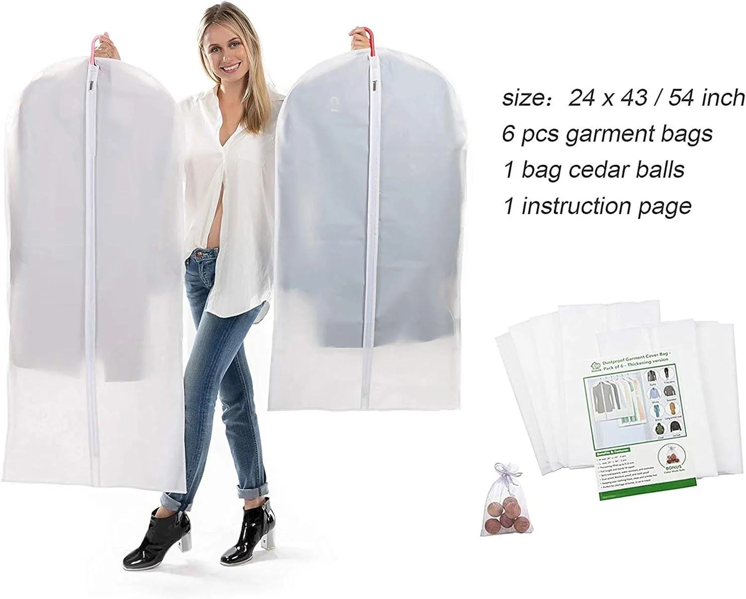 Hanging Garment Bags for Storage & Travel (Pack of 6) – 24”x43” (4 pcs) & 24”x54” (2 pcs) – Durable Suit Covers with Sturdy Zipper, Dust-Proof & Wrinkle-Free Clothing Protection