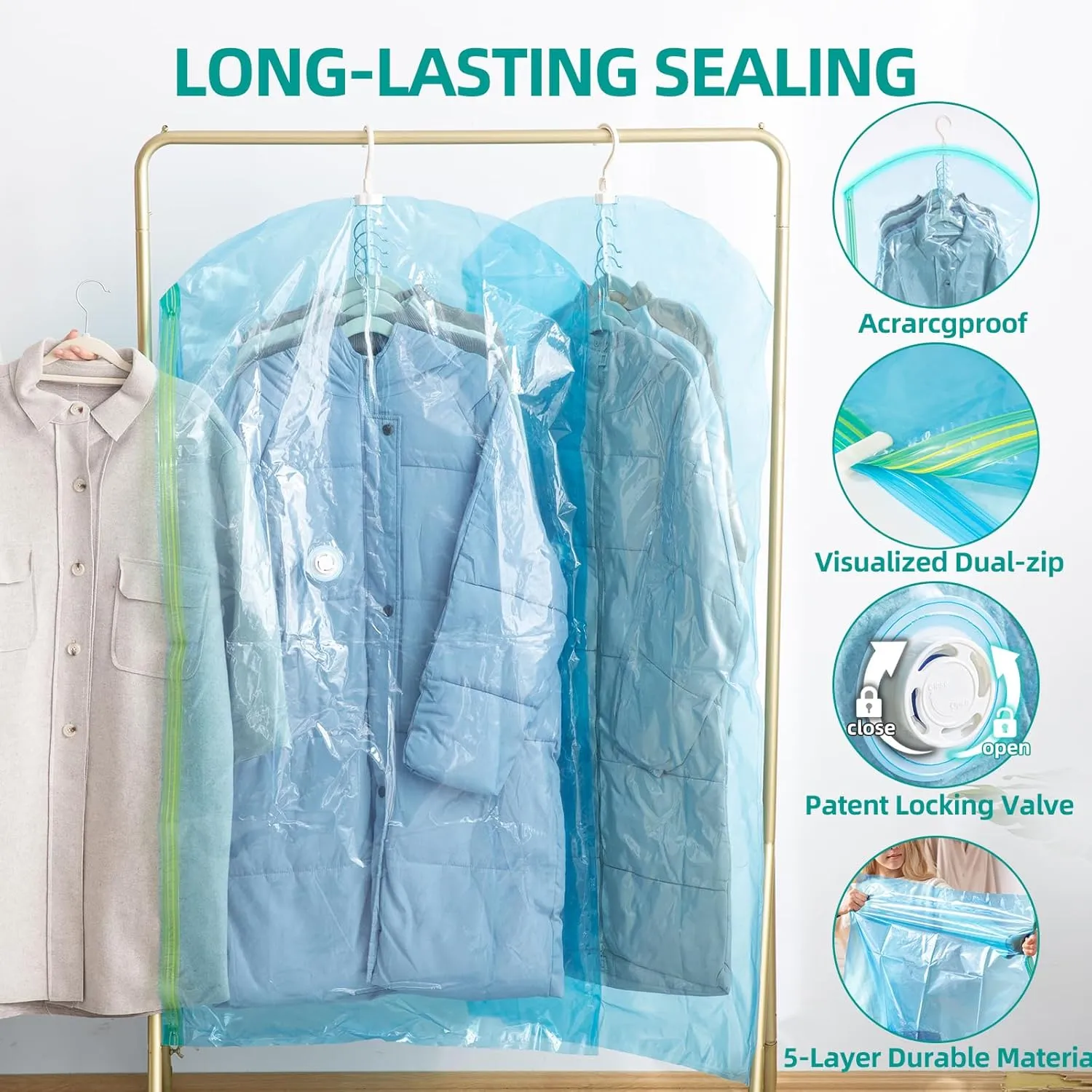 Hanging Vacuum Seal Bags for Clothing, Space Saver Storage Bags Closet Organizers for Coats Jackets, Travel, 6 Jumbo 53x28, Blue