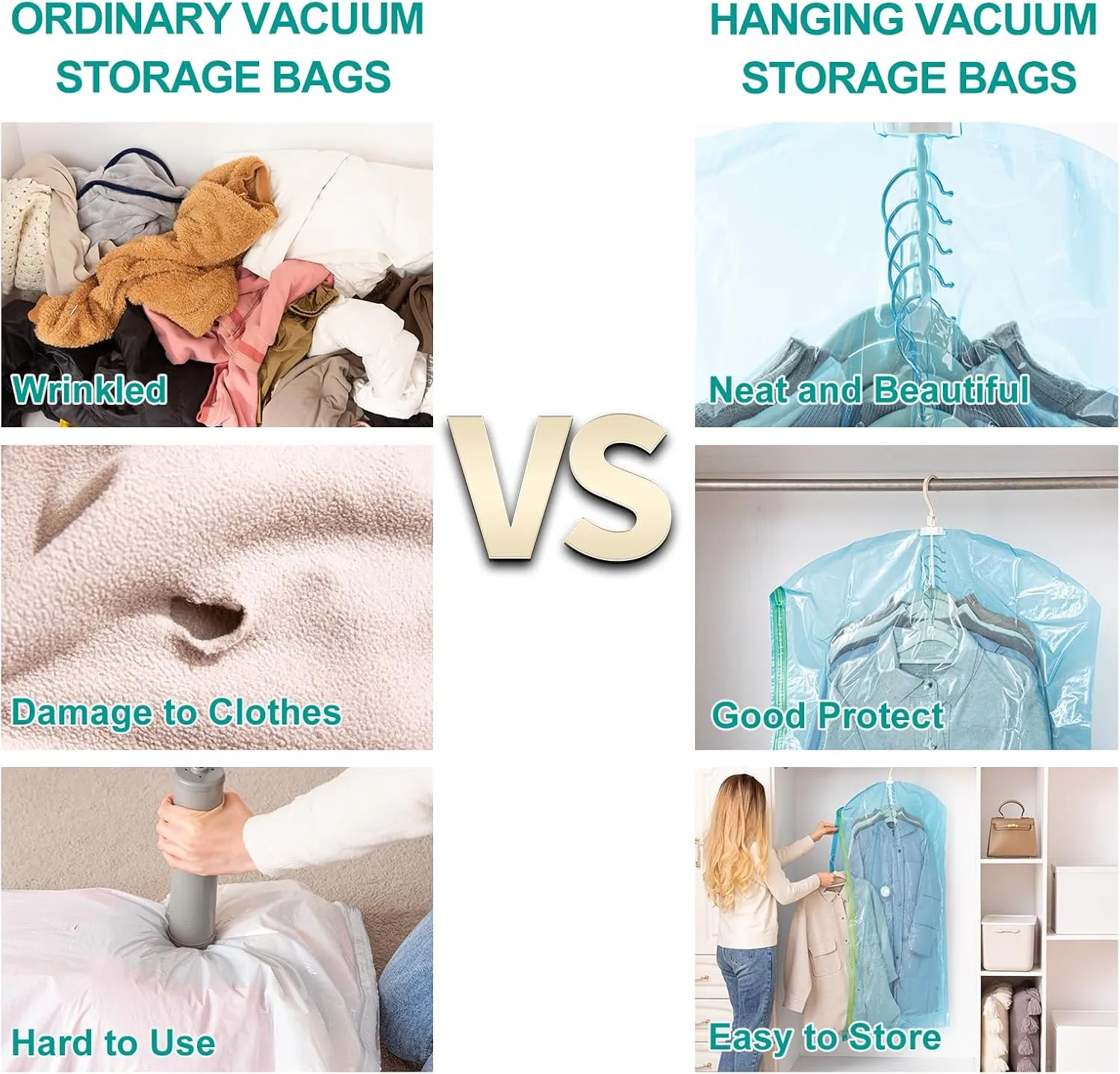 Hanging Vacuum Seal Bags for Clothing, Space Saver Storage Bags Closet Organizers for Coats Jackets, Travel, 6 Jumbo 53x28, Blue