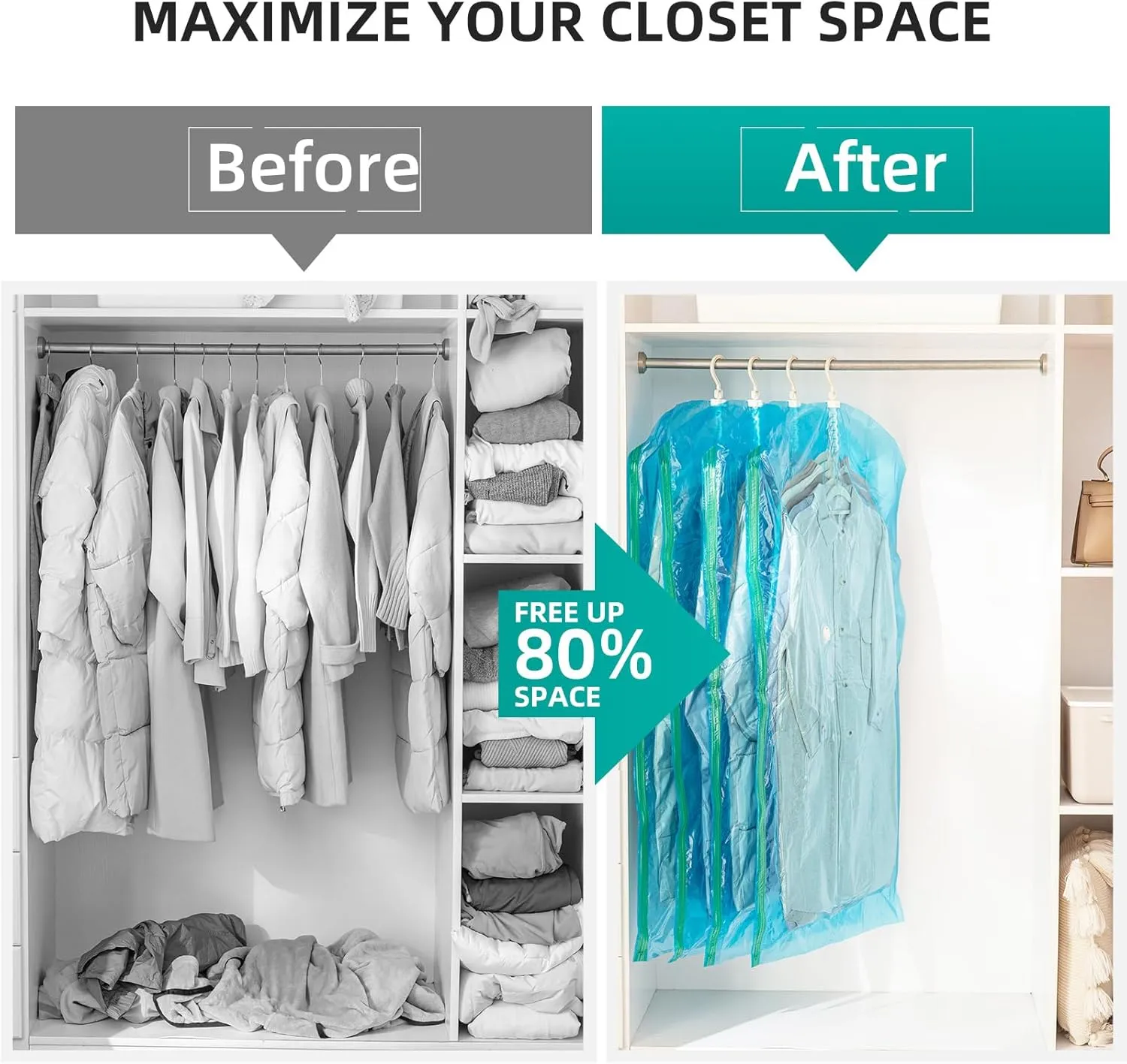 Hanging Vacuum Seal Bags for Clothing, Space Saver Storage Bags Closet Organizers for Coats Jackets, Travel, 6 Jumbo 53x28, Blue