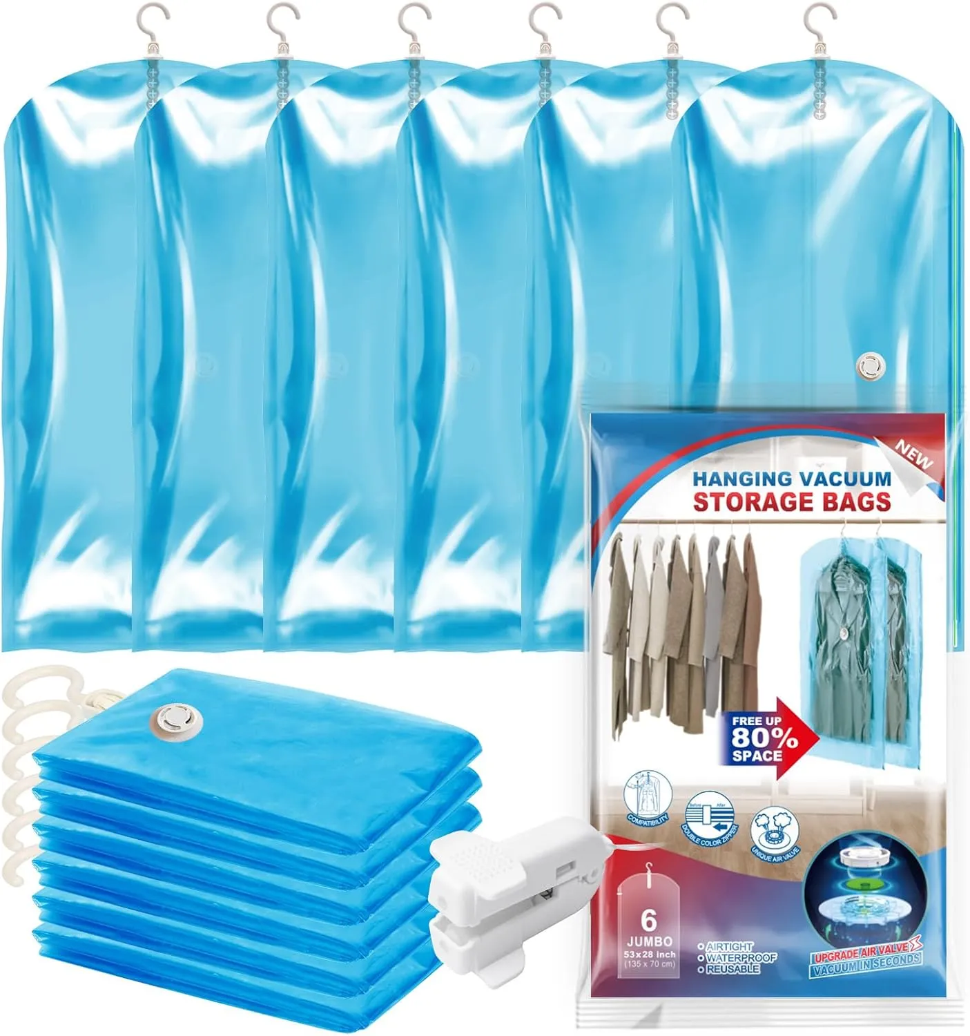Hanging Vacuum Seal Bags for Clothing, Space Saver Storage Bags Closet Organizers for Coats Jackets, Travel, 6 Jumbo 53x28, Blue