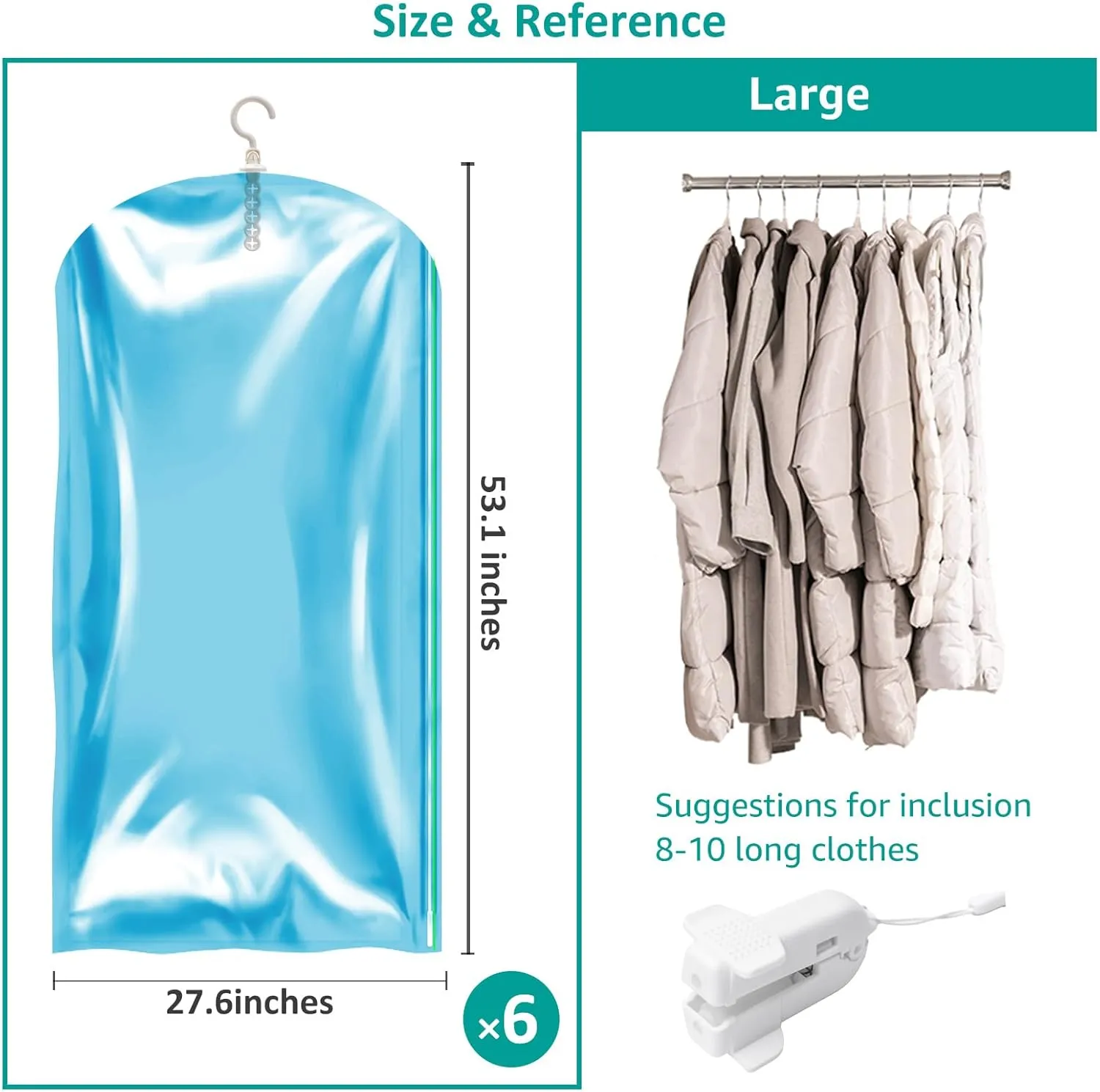 Hanging Vacuum Seal Bags for Clothing, Space Saver Storage Bags Closet Organizers for Coats Jackets, Travel, 6 Jumbo 53x28, Blue