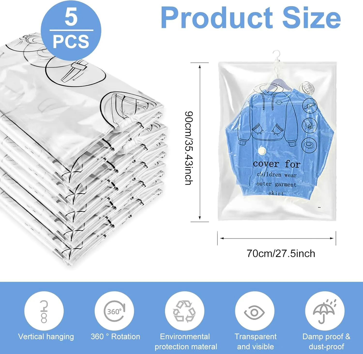 Hanging Vacuum Storage Bags 5 Pack, Space Saver Garment Bags 35.5 x27.6 inch, Vacuum Seal Bags for Clothing for Jacket, Suits, Dress, Clothing, Space Saver Bags With Hook