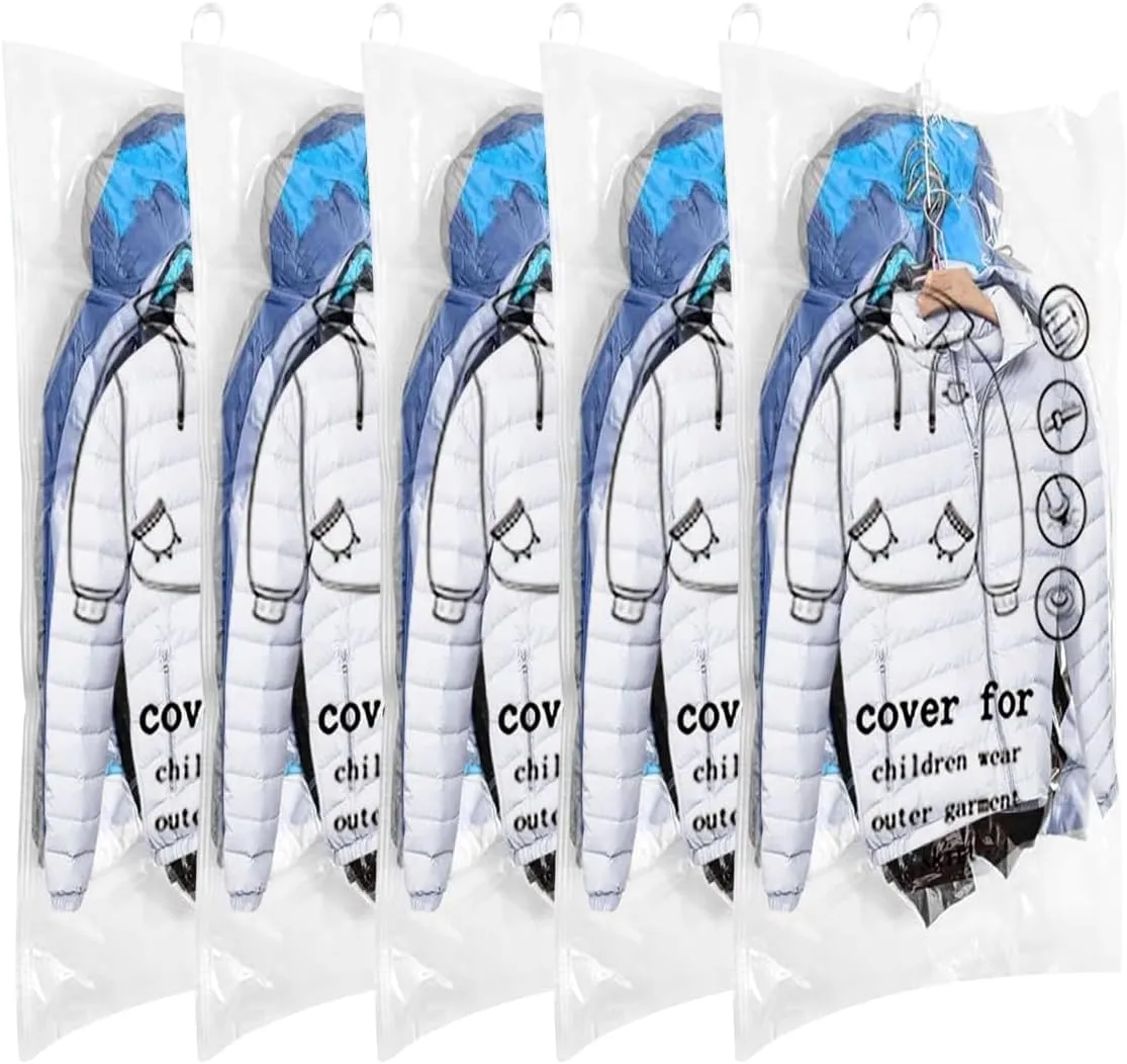 Hanging Vacuum Storage Bags 5 Pack, Space Saver Garment Bags 35.5 x27.6 inch, Vacuum Seal Bags for Clothing for Jacket, Suits, Dress, Clothing, Space Saver Bags With Hook