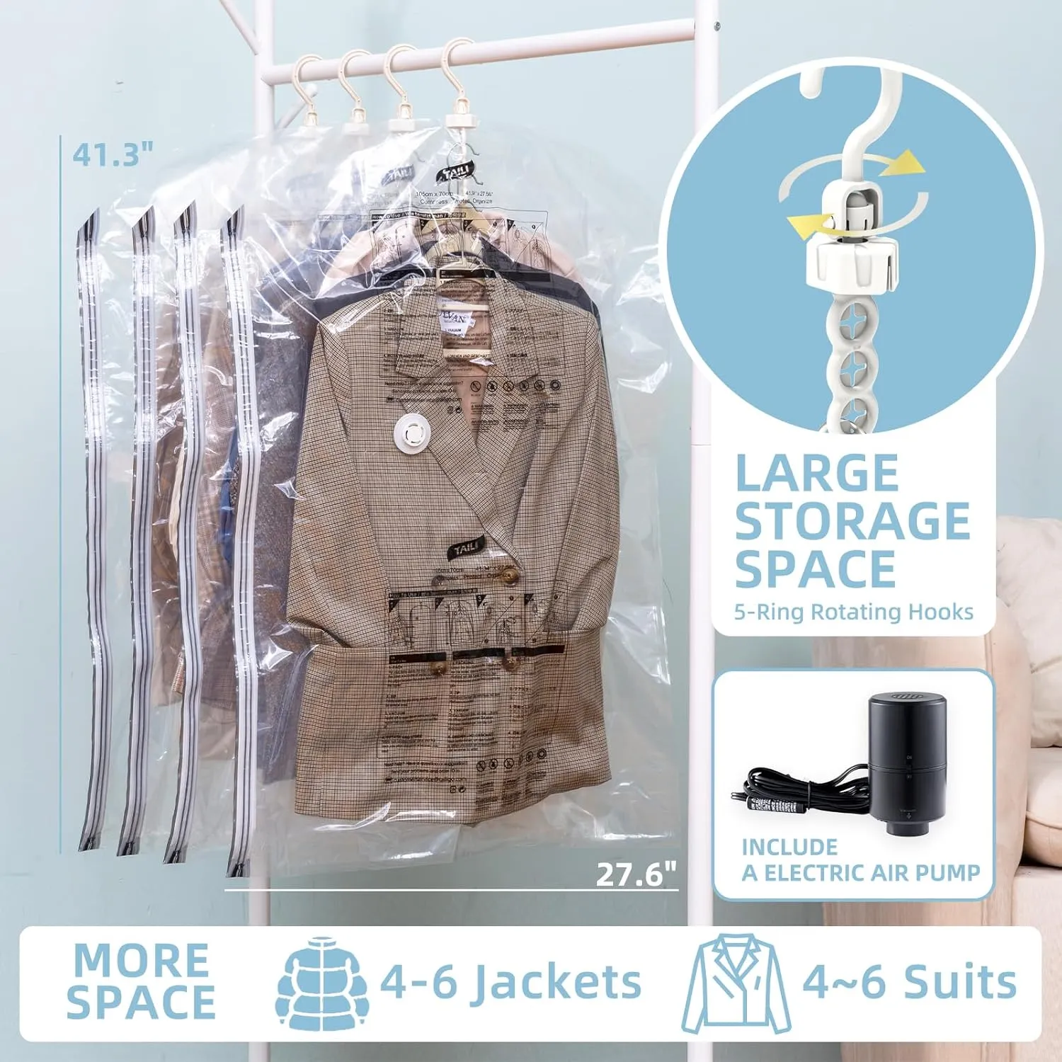 Hanging Vacuum Storage Bags with Electric Pump, 6 Pack (41.3 x27.6 inch), Vacuum Seal Bags for Clothing, Garment Storage for Short Jacket, Suits, Dresses, Closet Organizer Space Saving