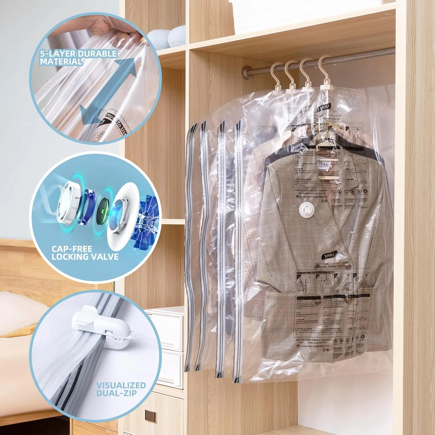 Hanging Vacuum Storage Bags with Electric Pump, 6 Pack (41.3 x27.6 inch), Vacuum Seal Bags for Clothing, Garment Storage for Short Jacket, Suits, Dresses, Closet Organizer Space Saving