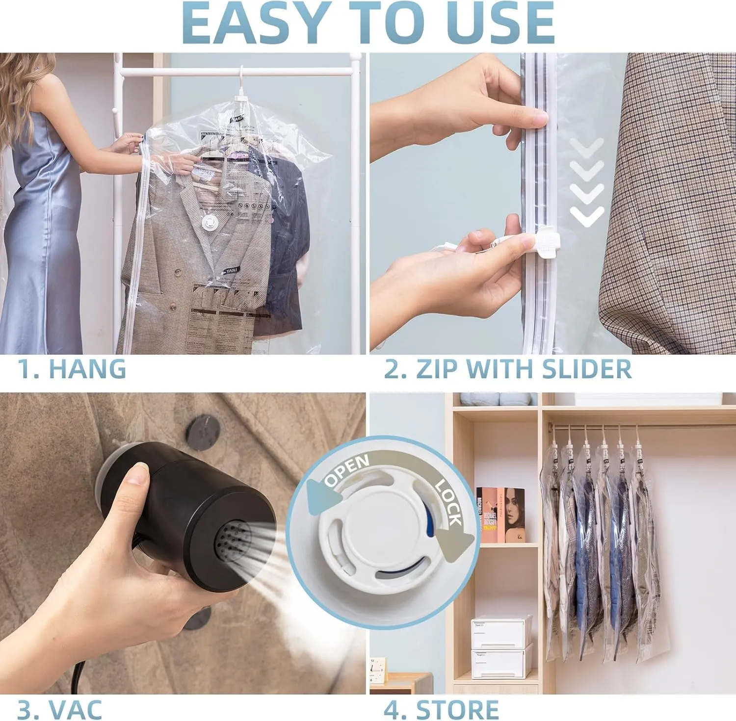 Hanging Vacuum Storage Bags with Electric Pump, 6 Pack (41.3 x27.6 inch), Vacuum Seal Bags for Clothing, Garment Storage for Short Jacket, Suits, Dresses, Closet Organizer Space Saving