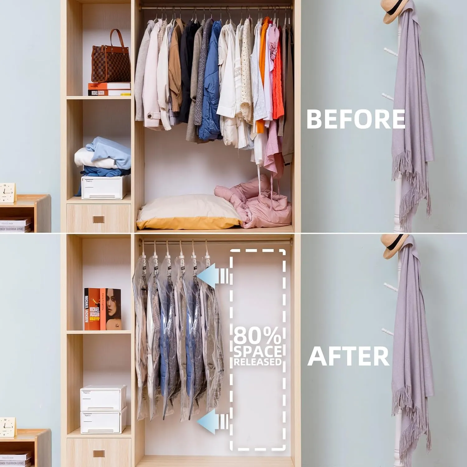 Hanging Vacuum Storage Bags with Electric Pump, 6 Pack (41.3 x27.6 inch), Vacuum Seal Bags for Clothing, Garment Storage for Short Jacket, Suits, Dresses, Closet Organizer Space Saving