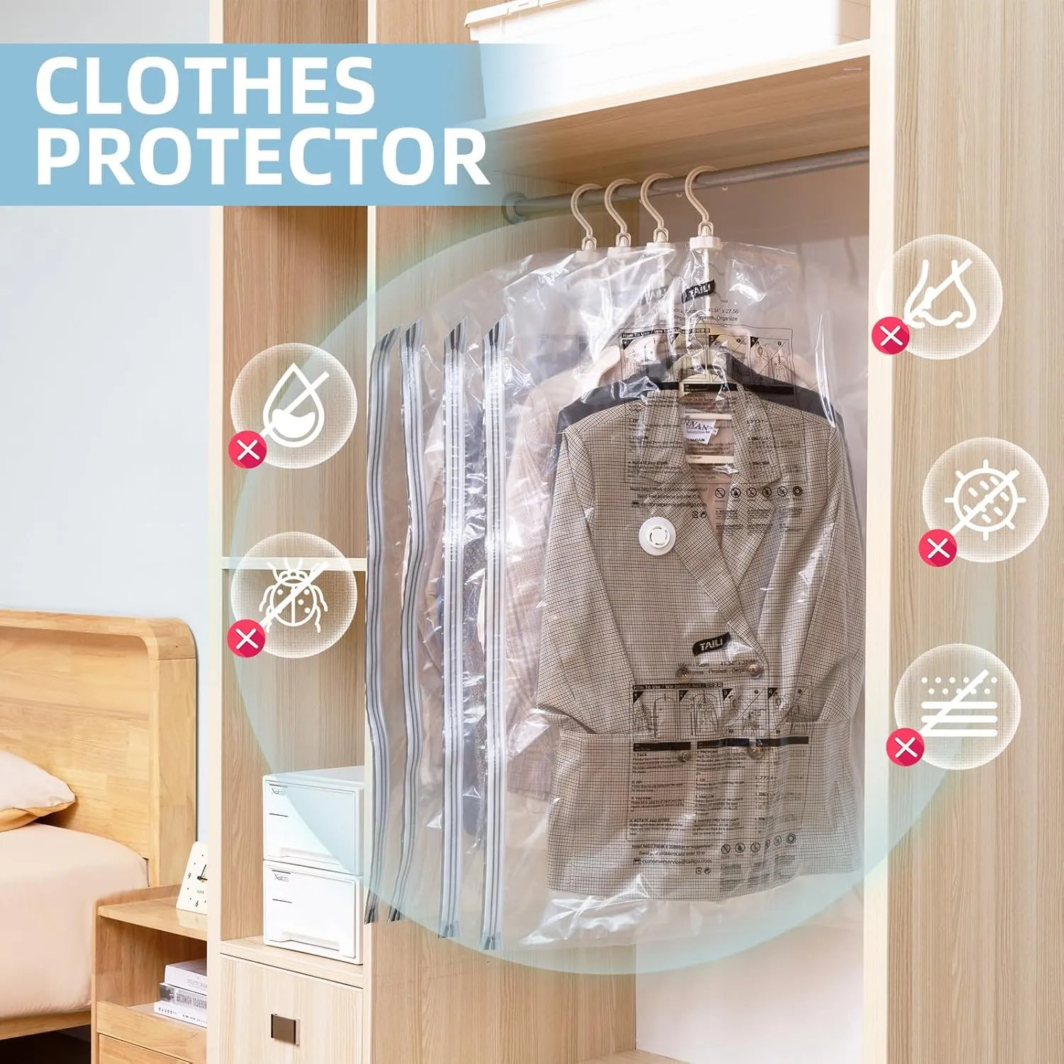 Hanging Vacuum Storage Bags with Electric Pump, 6 Pack (41.3 x27.6 inch), Vacuum Seal Bags for Clothing, Garment Storage for Short Jacket, Suits, Dresses, Closet Organizer Space Saving