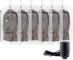 Hanging Vacuum Storage Bags with Electric Pump, 6 Pack (41.3 x27.6 inch), Vacuum Seal Bags for Clothing, Garment Storage for Short Jacket, Suits, Dresses, Closet Organizer Space Saving