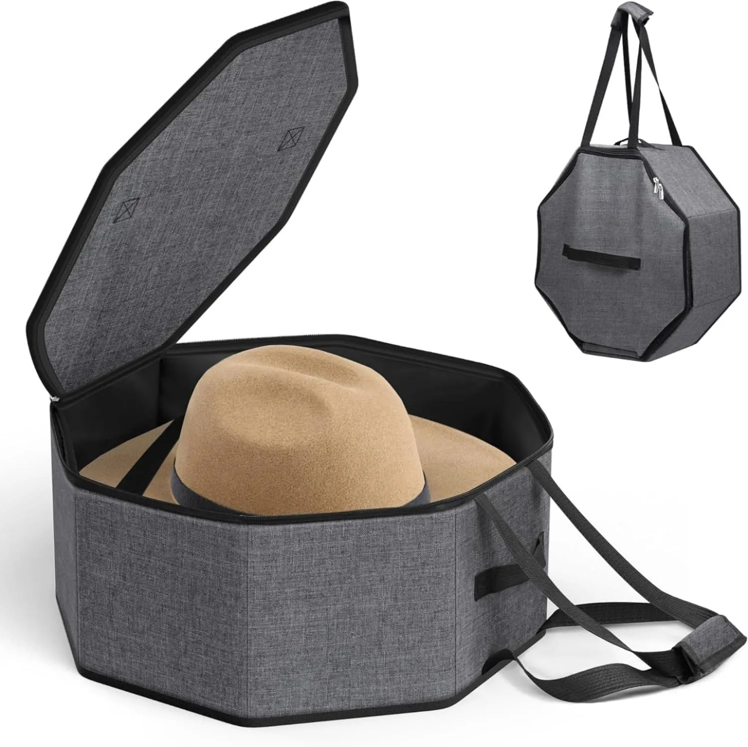 Hat Box for Travel, Crush Cowboy Cap Hat Organizer for Closet, Collapsible Hat Case with Handles, Hat Boxes for Men and Women Storage Large Hat Bag Carrier with Cardbord for Beach Hat, Straw Hat, etc