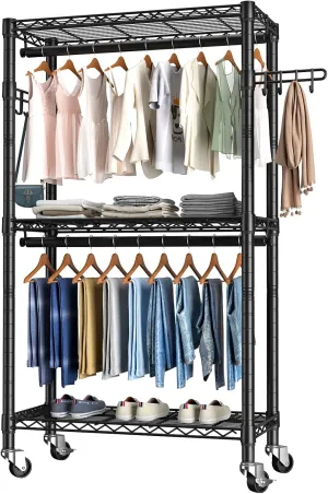 Heavy Duty Clothes Rack Rolling Garment Rack,3 Tier Adjustable Wire Shelving Clothing Racks for Hanging Clothes with Double Rods&Side Hooks,Freestanding Wardrobe Storage Rack Metal Portable Closet