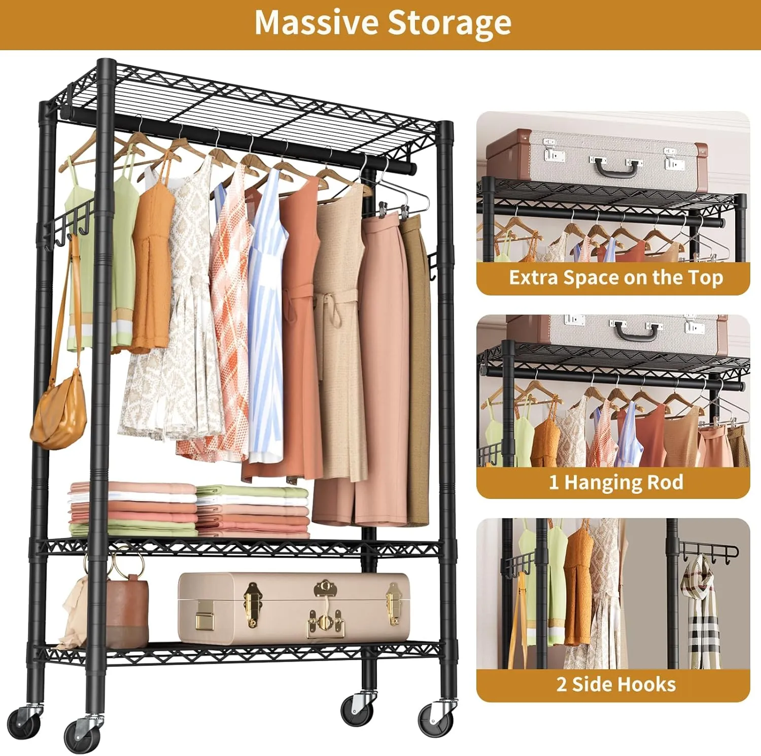 Heavy Duty Clothes Rack Rolling Garment Rack,3 Tier Adjustable Wire Shelving Clothing Racks for Hanging Clothes with Hanger Rod&Side Hooks,Freestanding Wardrobe Storage Rack Metal Portable Closet