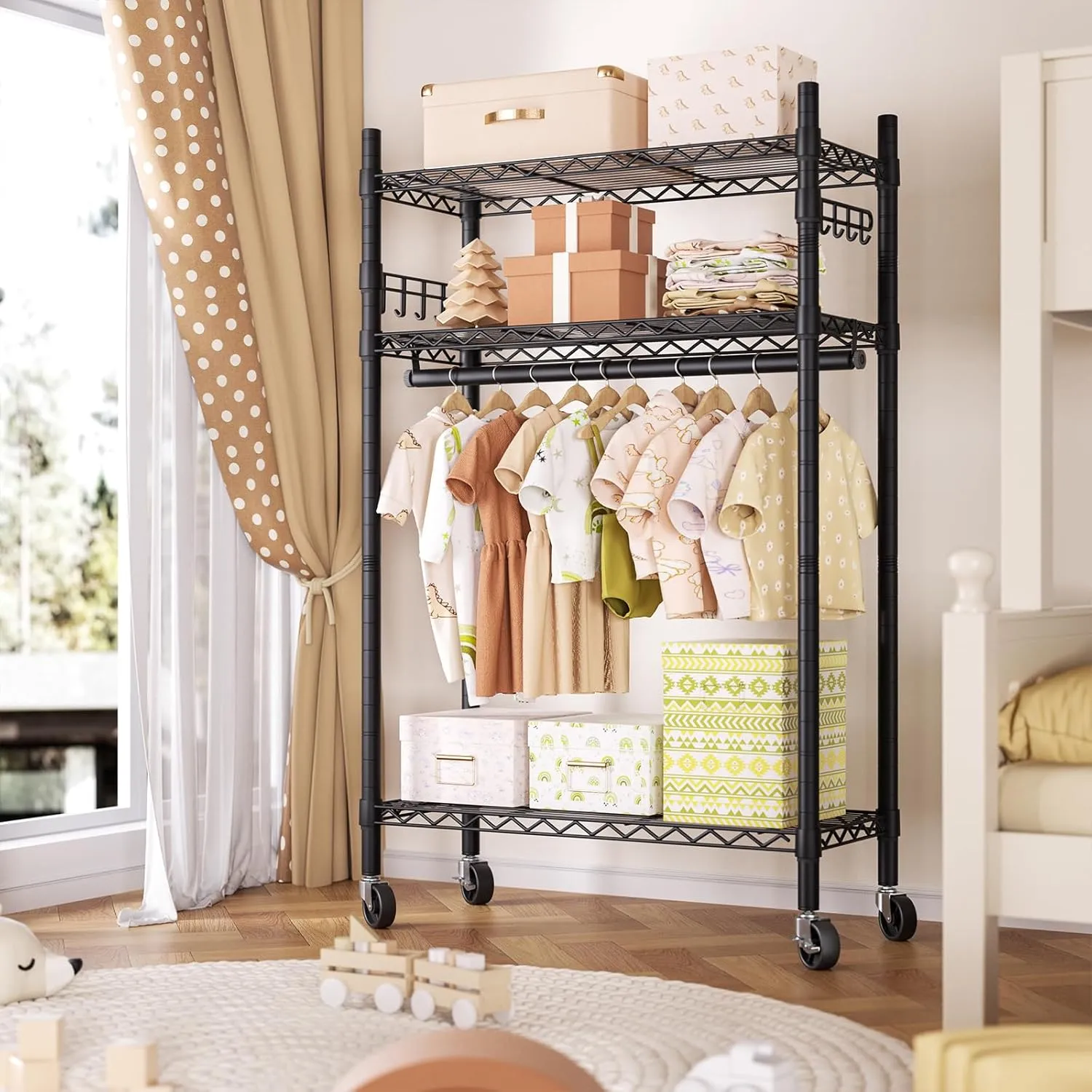 Heavy Duty Clothes Rack Rolling Garment Rack,3 Tier Adjustable Wire Shelving Clothing Racks for Hanging Clothes with Hanger Rod&Side Hooks,Freestanding Wardrobe Storage Rack Metal Portable Closet