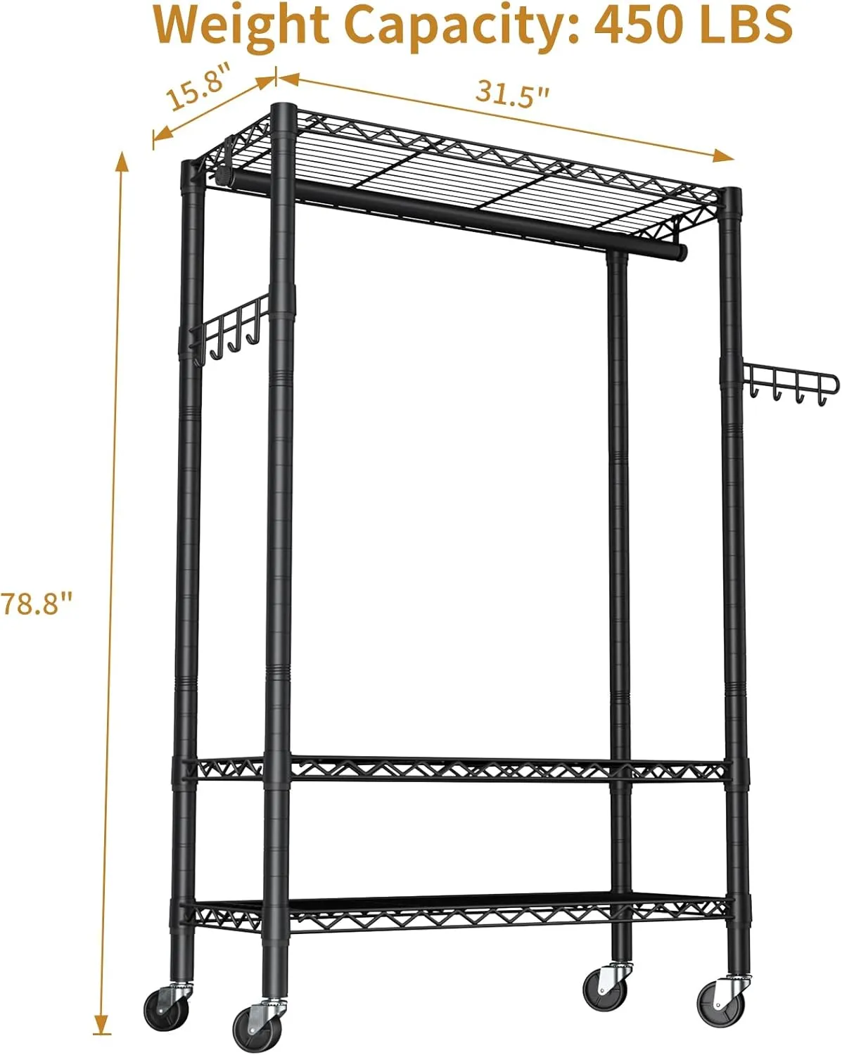 Heavy Duty Clothes Rack Rolling Garment Rack,3 Tier Adjustable Wire Shelving Clothing Racks for Hanging Clothes with Hanger Rod&Side Hooks,Freestanding Wardrobe Storage Rack Metal Portable Closet