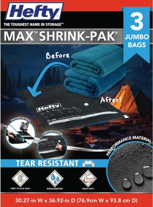Hefty MAX Shrink-Pak Vacuum Storage Bags – Max Strength Tear-Proof Bags For Clothes, Pillows, Towels, Blankets & More – Space Saver Suction Sealer for Home – 3 Jumbo, 30 x 36 Inches