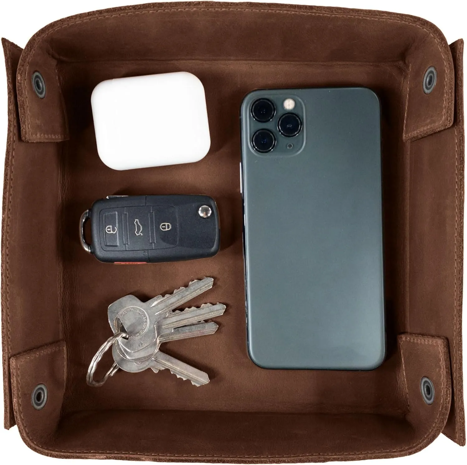 Hide & Drink, Leather Catchall Tray, Easy Access Organizer for Keys, Coins, Change, Jewelry, Watches, Smartphones, Durable, Vintage Style, Handmade :: Bourbon Brown