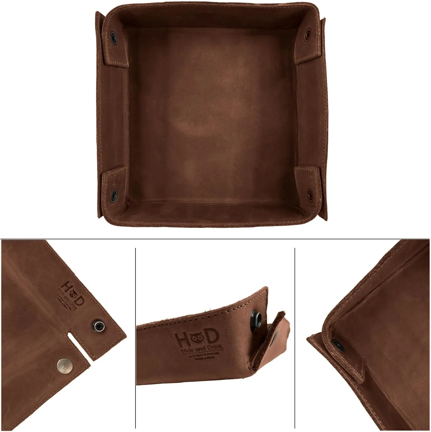Hide & Drink, Leather Catchall Tray, Easy Access Organizer for Keys, Coins, Change, Jewelry, Watches, Smartphones, Durable, Vintage Style, Handmade :: Bourbon Brown
