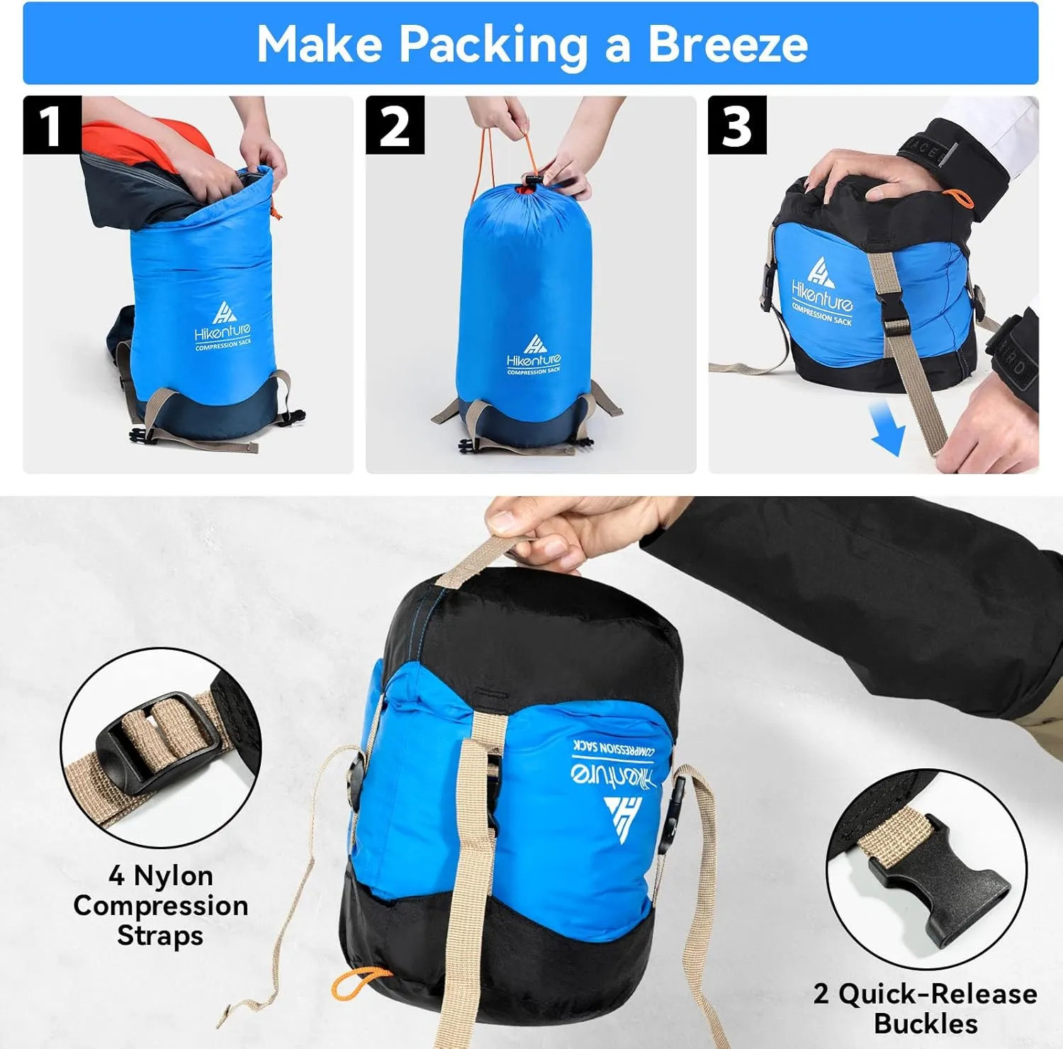 Hikenture Compression Sack for Sleeping Bag, Upgrade Anti-Tear Nylon Sleeping Bag Stuff Sack, 10L/14L/20L/30L Water-Resistant Compression Bag, Storage Bag