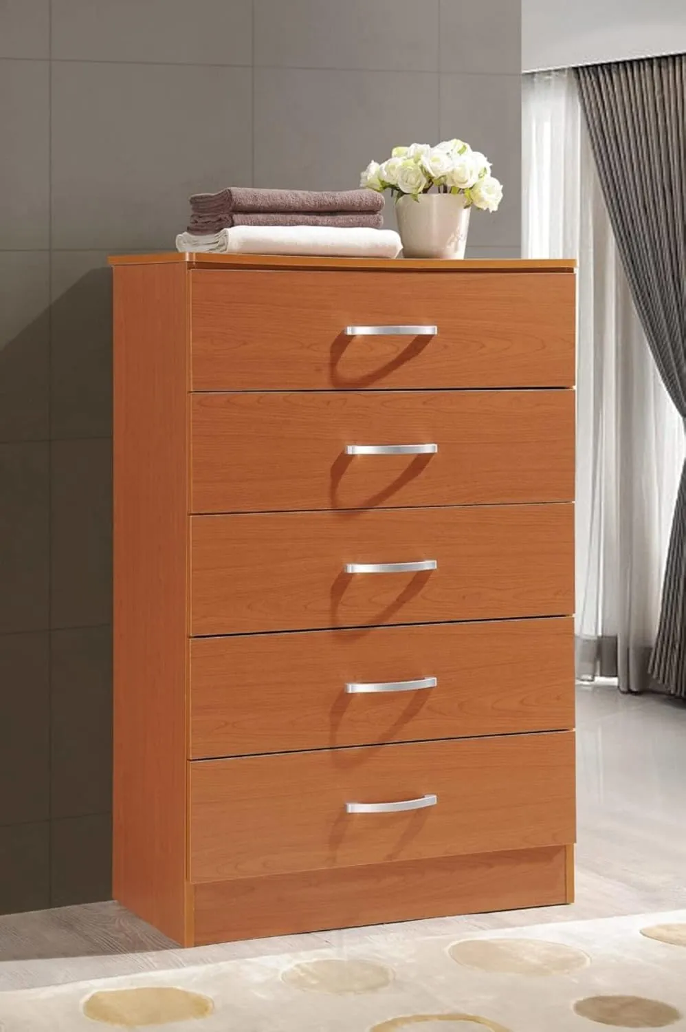 HODEDAH 5 Drawer Wood Dresser for Bedroom, Chest of Drawers with Metal Rails for Support when Storing Clothing, Cherry, 47.8x31.5 inches