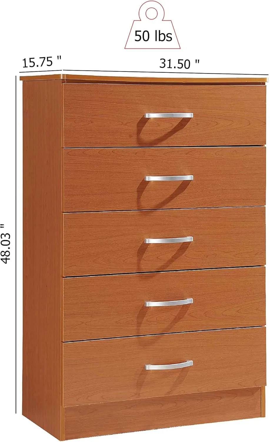 HODEDAH 5 Drawer Wood Dresser for Bedroom, Chest of Drawers with Metal Rails for Support when Storing Clothing, Cherry, 47.8x31.5 inches