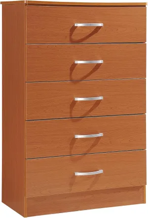 HODEDAH 5 Drawer Wood Dresser for Bedroom, Chest of Drawers with Metal Rails for Support when Storing Clothing, Cherry, 47.8x31.5 inches